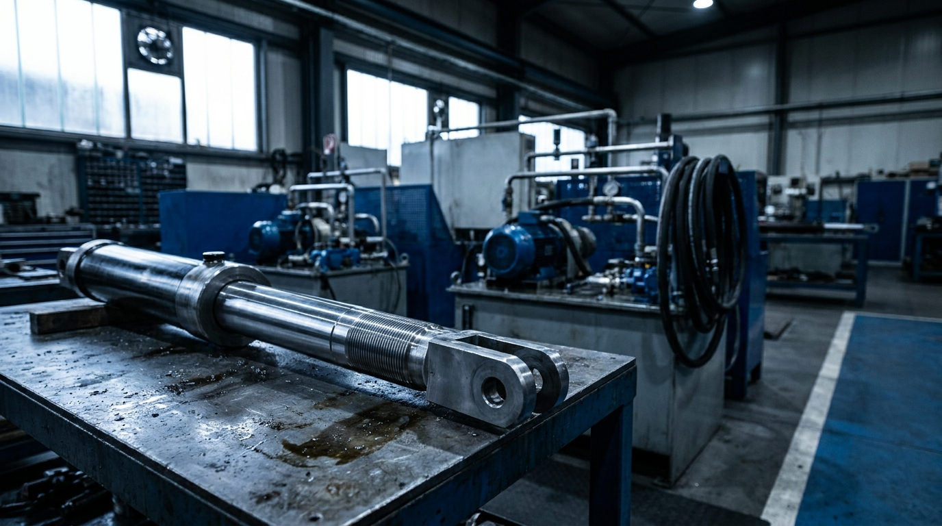 Hidraks atölyesinde işlenmiş hidrolik piston ve arka planda hidrolik üniteler